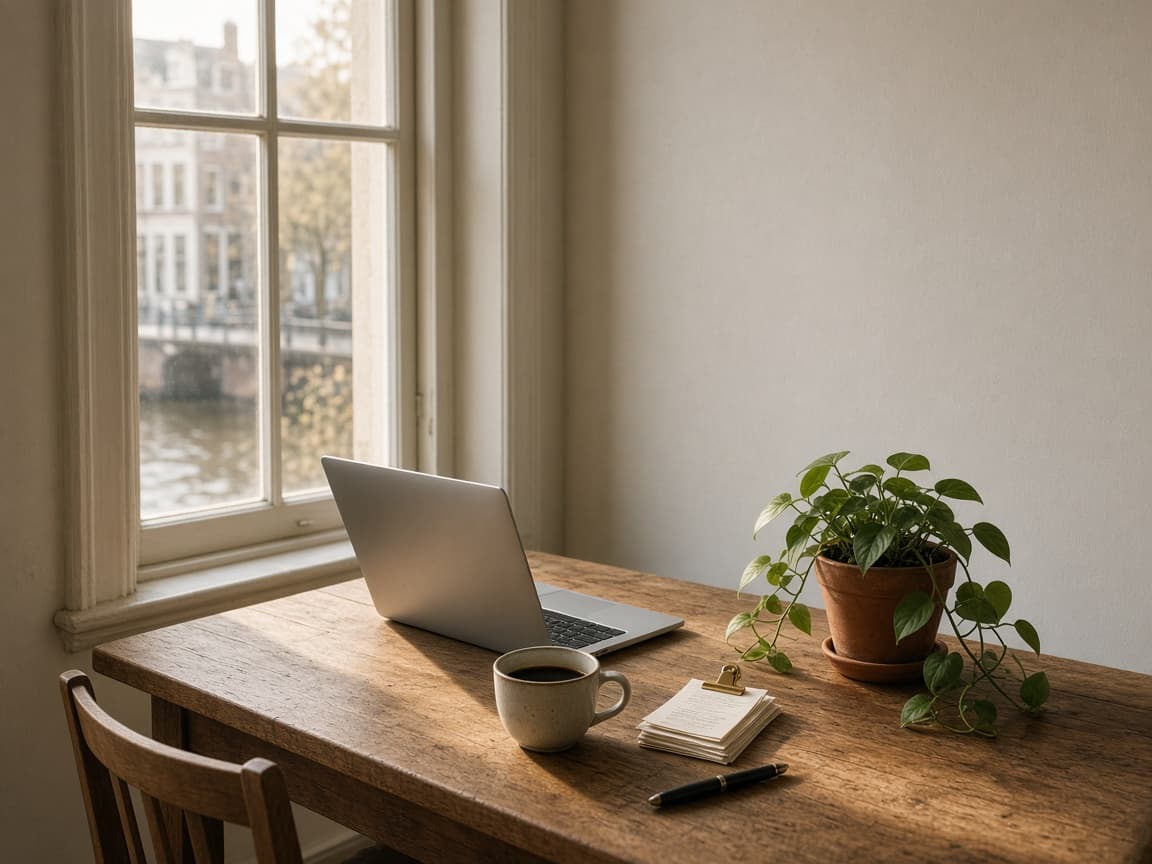Werkplek aan een raam met uitzicht op Amsterdamse grachtenpanden